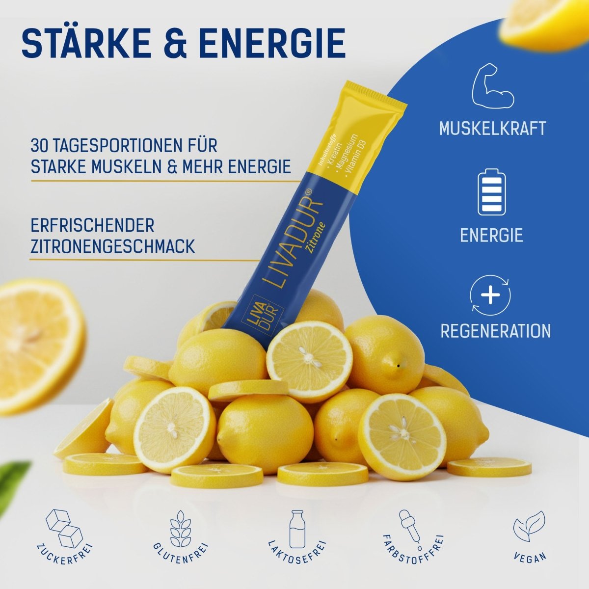 A yellow LIVADUR® - Zitronengeschmack stick lies on lemons. Blue and white text shows benefits: Muskelaufbau, Energie, Regeneration, Zitronengeschmack. Icons reveal it&