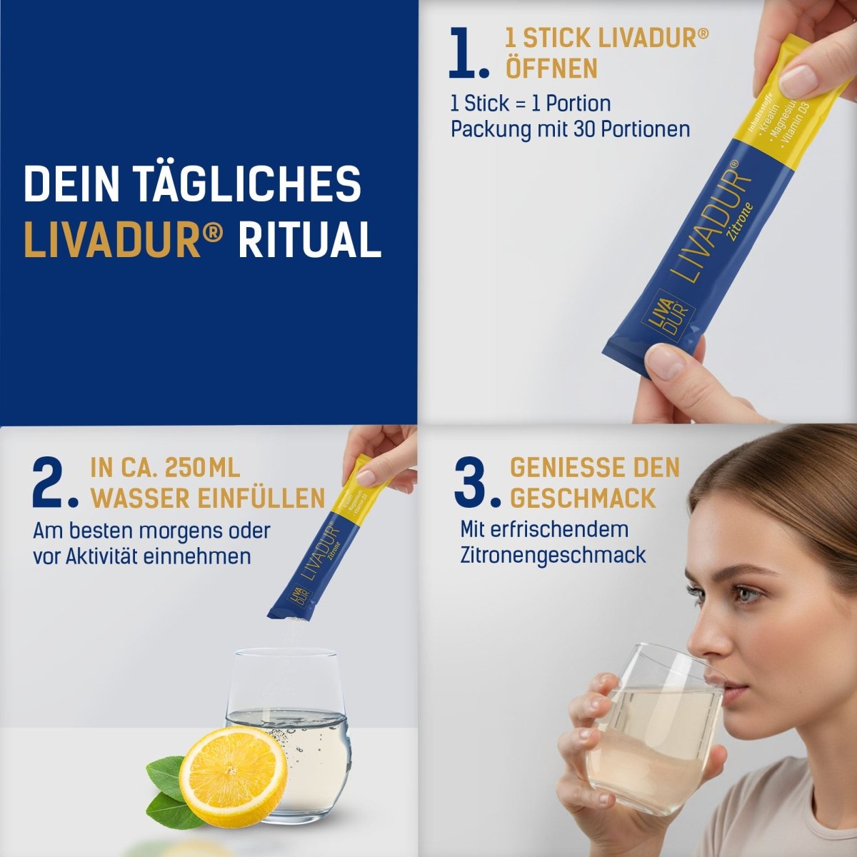 Instructional graphic for LIVADUR® - Zitronengeschmack, 30 Tagessticks: zeigt eine Frau, die einen Stick ins Wasser mit Zitrone gibt und trinkt. Text erläutert auf Deutsch die tägliche Anwendung für Muskelaufbau.