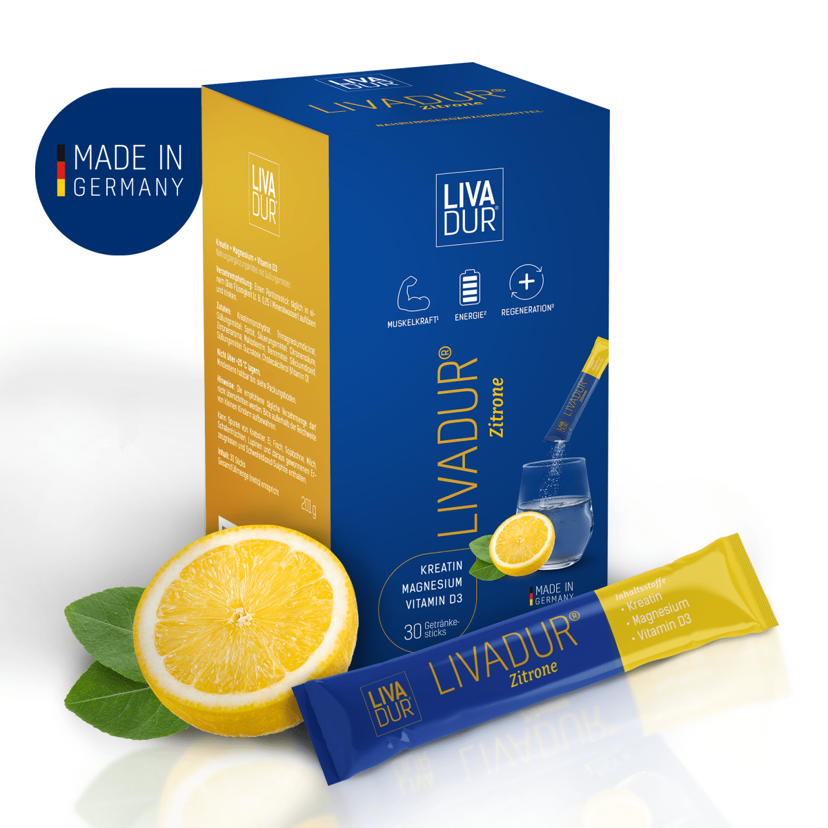 A box and sachet of LIVADUR® - Zitronengeschmack - 30 Tagessticks pro Packung are shown with a lemon slice, green leaves, and water. The packaging highlights Kreatin, Magnesium, Vitamin D3 for Muskelaufbau, plus a &quot;Made in Germany&quot; label.