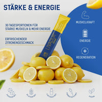 A yellow LIVADUR® - Zitronengeschmack stick lies on lemons. Blue and white text shows benefits: Muskelaufbau, Energie, Regeneration, Zitronengeschmack. Icons reveal it's sugar-free, gluten-free, lactose-free, dye-free & vegan. 30 Tagessticks pro Packung.