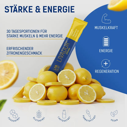A yellow LIVADUR® - Zitronengeschmack stick lies on lemons. Blue and white text shows benefits: Muskelaufbau, Energie, Regeneration, Zitronengeschmack. Icons reveal it&