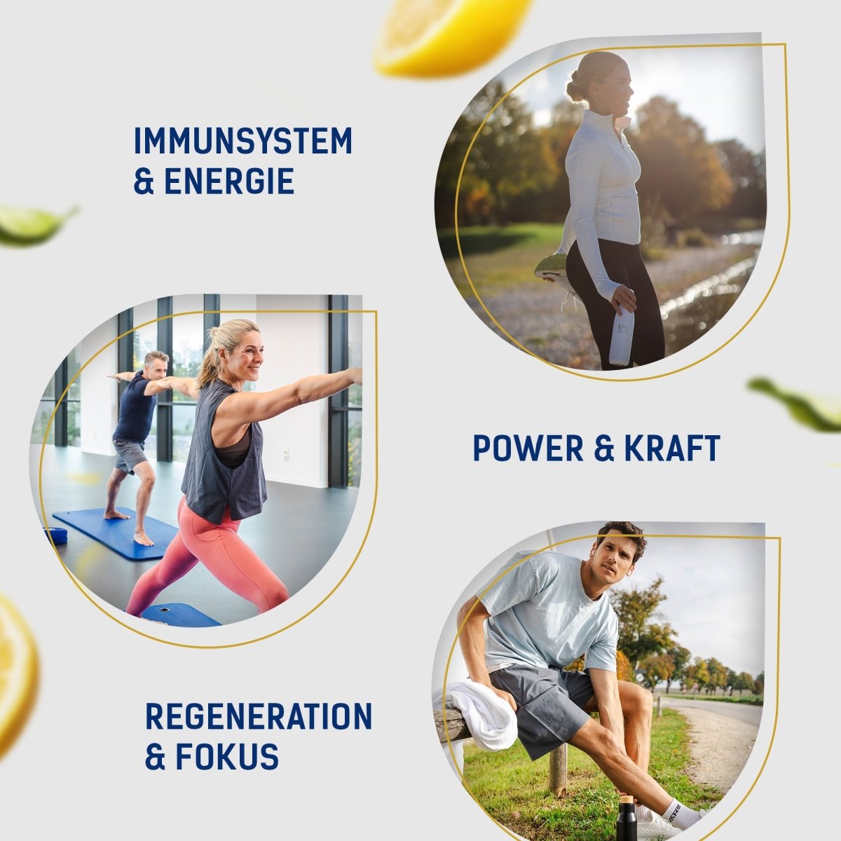 A collage: a woman jogging (IMMUNSYSTEM &amp; ENERGIE), two doing yoga (REGENERATION &amp; FOKUS), and a man resting after cycling—Symbol für POWER, KRAFT und Muskelaufbau mit LIVADUR® Zitronengeschmack, 30 Tagessticks pro Packung.