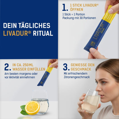 Instructional graphic for LIVADUR® - Zitronengeschmack, 30 Tagessticks: zeigt eine Frau, die einen Stick ins Wasser mit Zitrone gibt und trinkt. Text erläutert auf Deutsch die tägliche Anwendung für Muskelaufbau.