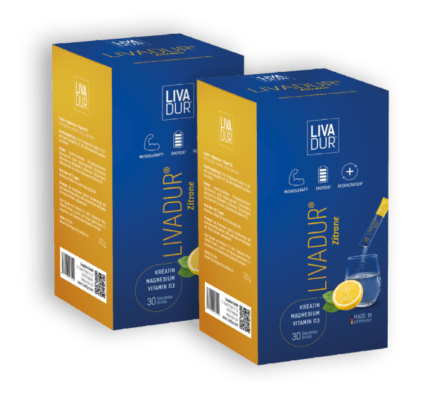 Two orange and blue boxes of LIVADUR® Zitronengeschmack, each with 30 daily sticks, show a lemon graphic, glass with spoon, and icons for regulation, energy, and reproduction support—ideal for muscle building (Muskelaufbau).