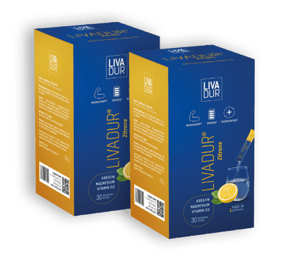 Two orange and blue boxes of LIVADUR® Zitronengeschmack, each with 30 daily sticks, show a lemon graphic, glass with spoon, and icons for regulation, energy, and reproduction support—ideal for muscle building (Muskelaufbau).