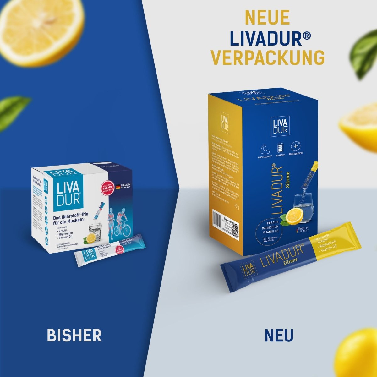 Split image comparing old and new LIVADUR® Verpackung für Nahrungsergänzungsmittel (Zitronengeschmack, 30 Tagessticks). Links: kleine blau-weiße Box mit Getränk „Bisher“. Rechts: gelb-blaue Packung mit Stickpacks „Neu“. Zitronenscheiben &amp; Blätter im Hintergrund.