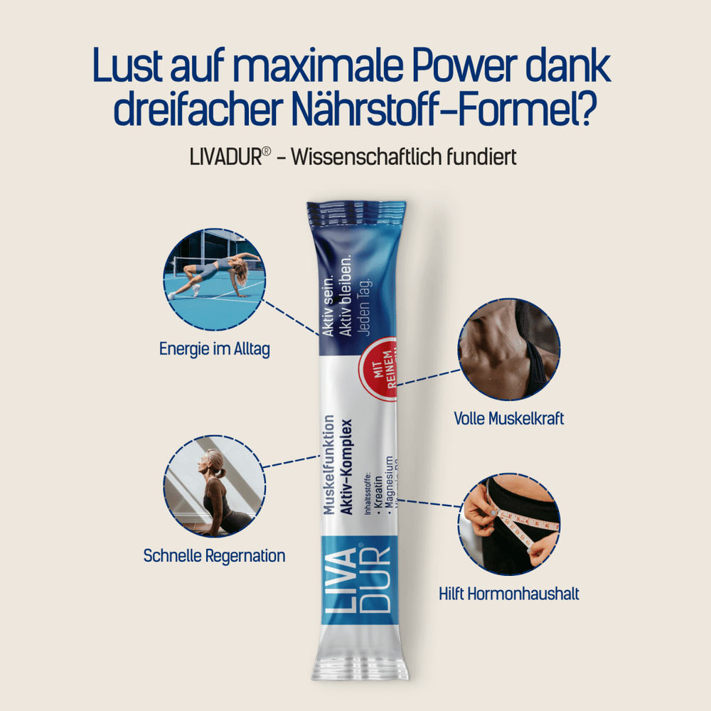 Produktanwendungsbereiche: Energie im Alltag, Volle Muskelkraft, Schnelle Regeneration, Hilft Hormonhaushalt